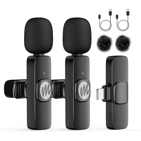Moman Wireless Lavalier Microphone for iPhone, 2 Pack Clip on Microphones for Video Recording, Mini Phone Mic Interview for Vlog YouTube Tiktok, Wireless-lavalier Mic for iPhone 14/13/12/11/SE... Cover