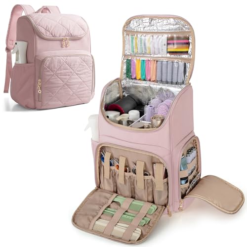 Marscamd Insulated Hairstylist Travel Bag Backpack with Detachable Dividers and Multiple Pockets Quilted Hair Tool Travel Bag with Multiple Pockets for Hairstylist and Barber Pink