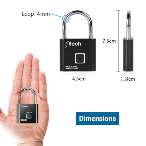 Image of IFITech Smart Fingerprint Padlock, Biometric Keyless Lock with 20 Fingerprint Storage, Rechargeable | Ideal for Personal Spaces and Travel Needs (Small - Black).