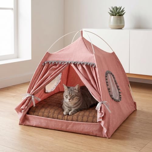 Cama cueva para mascotas color rosa con alfombrilla refrescante 5