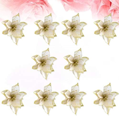 10pcs 13cm Glitter Artificial Wedding Christmas Flowers XMAS Tree Wreaths Decor Ornament (Gold) Unisex