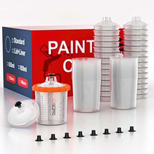 SICOPRO Disposable Paint Cups, 30 Sets Cups and Liners 22 Ounces 650ml, Automotive Paint Mixing Cup with Filters Lids (30) by SICOPRO - Used condition - US$28.50