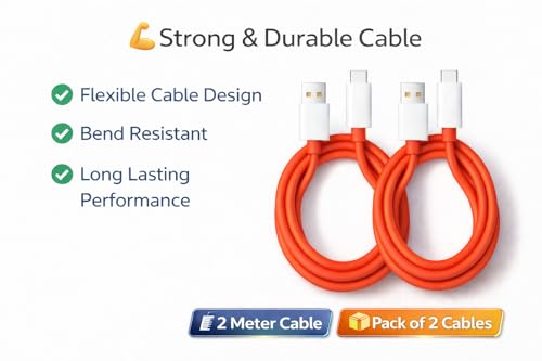 Image of 120W Ultra Fast Charging Cable, USB Type-A to Type-C, 10A High Speed, Pack of 2, 1m Red TPE Unbreakable, VOOC SuperVOOC Warp Dart Flash Compatible (2, 100, Centimeters)