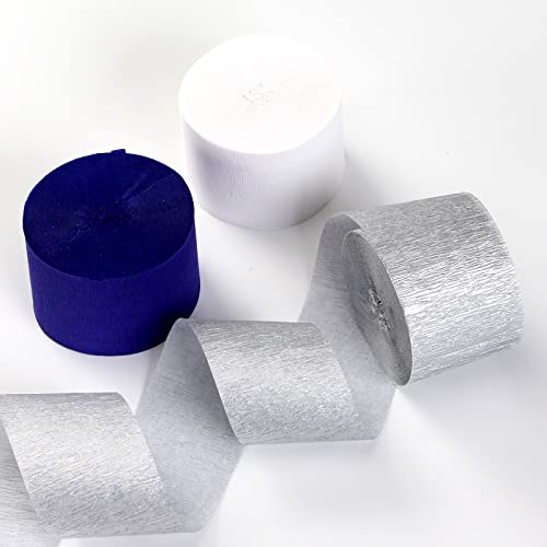 Image of Navy-Blue White- Silver Crepe Paper Streamers - 9 Rolls Royal Blue Graduation 2025 Men Boy Birthday Party Decorations Streamer Wedding Bridal Shower Paper Garland Fathers Day Decor Panduola