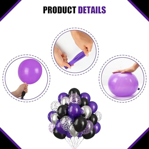 Image of 60PCS Purple Black and Silver Balloons,10 inch Purple Black and Silver Balloon Arch Kit Birthday Decorations,Suitable for Birthday Wedding,Halloween Party Decorations
