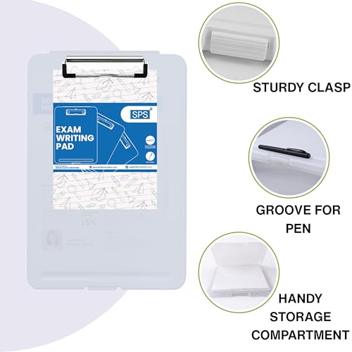 Image of SPS Exampad A4 Plastic Clipboard with Built-in Storage and Pen Holder - Ideal for School, Office, Travel - Perfect for Students and Professionals, School and Office - Translucent