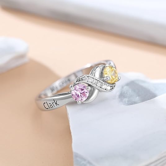 Customized and Personalized Two Birthstone Ring Name Engraved 925 Sterling Silver/10K/14K/18K Gold Engraved Ring For Mom Wife Women