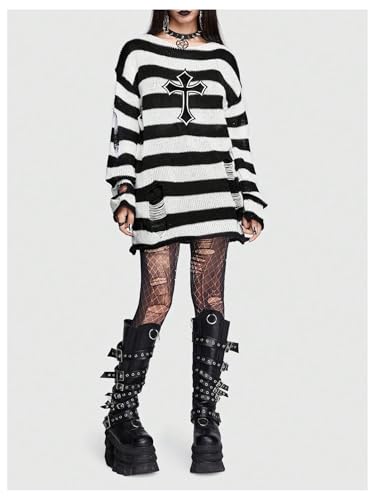Image of Verdusa Women's Gothic Clothes Striped Sweater Long Sleeve Tops Punk Oversized Sweaters Ripped Sweater Dress Black and White X-Large