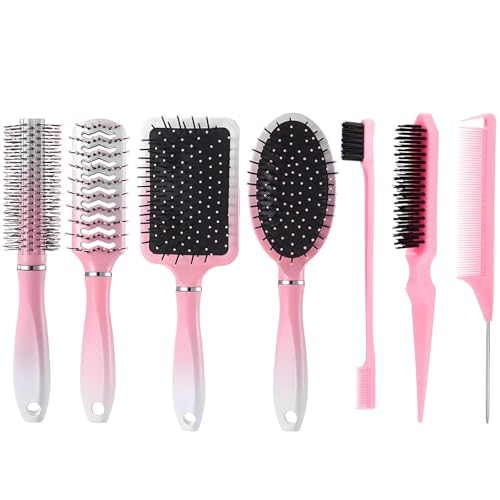 7 Pcs Hair Brush Set Hair Brush Women Anti Static Suitable for Dry and Wet Hair Paddle Brushes Massage Oval Hair Combs for Women Used for Smoothing Womens Hair and Trimming Pink