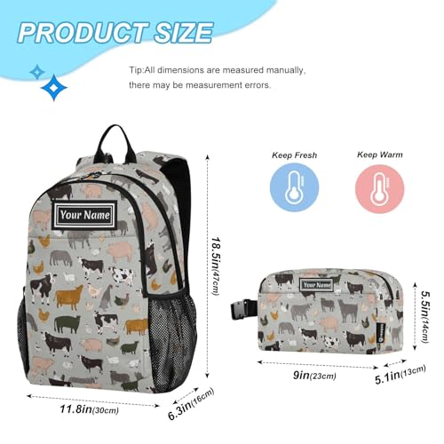 Custom Backpack for Kids Farm Animals Set Personalized Name Junior High Elementary Bookbag Backpack Set with Lunch Bag for Teens Kids Boys Girls2