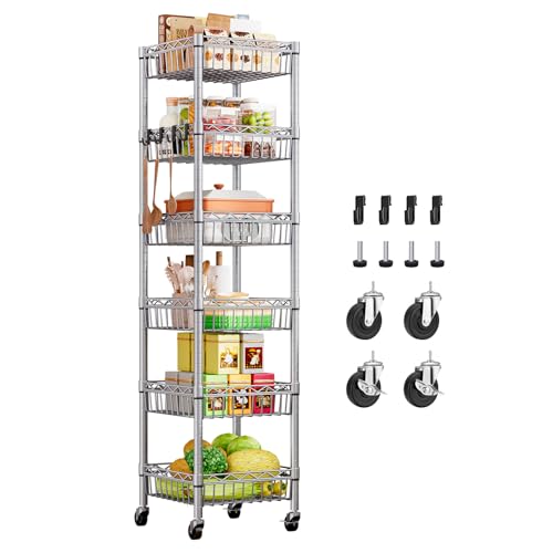 Wooruy 6-stufiges Drahtregal mit Körben, verstellbares Aufbewahrungsregal, Stabiler Metallregalorganisator mit Rollen für Küche, Wohnzimmer, Badezimmer, Vorratskammer, Kleiderschrank, Wäsche (Silber)