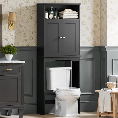 Meadaro Armario de almacenamiento sobre el inodoro, organizador de baño con estante ajustable y puerta doble, armario para almacenamiento sobre el inodoro, organizador de baño, color negro