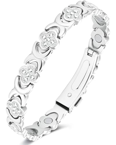 Jeracol 99% Copper Bracelet for Women Magnetic Bracelet for Women with Lucky Clover Design Adjustable Length with Sizing Tool in Gift Box(Silver)