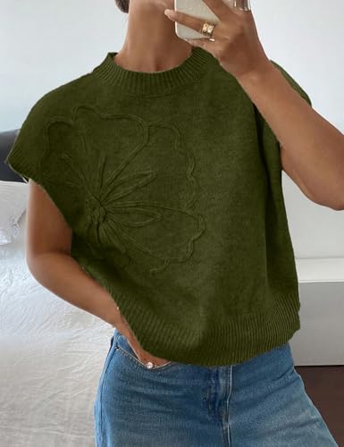 Image of 2026 Womens Floral Sweater Vest Cute Cap Sleeve Tops 3D Flower Decor Knit Tank Top Loose Spring Fall Summer Clothes