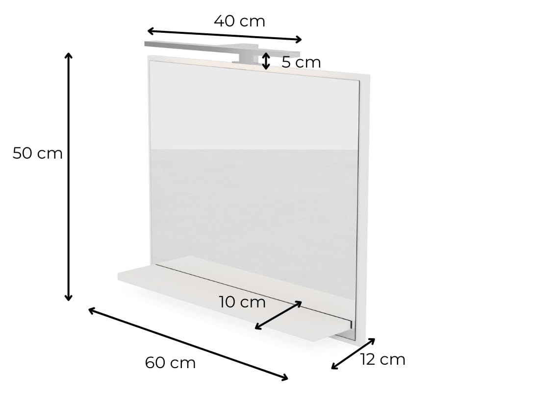 Specchio Bagno con Luce da Parete Bianco A: 50 cm x L: 60cm con Mensola - Specchio da Bagno LED Retroilluminato con Ripiano, IP44 Impermeabile