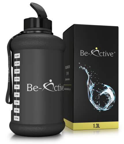 Be-Active Botella de agua de 1,3 litros con marcas de tiempo - libre de BPA - botella de seguimiento superior - deportes - gimnasio (negro) Cover