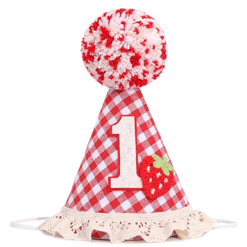 Agkvw Strawberry Red Gingham 1st Birthday Hat for Girls - Sweet One Birthday Decor for Girls, Berry Sweet First Bday Crown, cake smash props