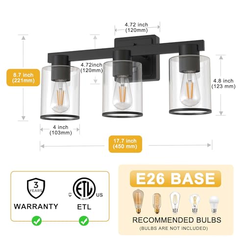 Image of L LOHAS LED Black Bathroom Light Fixtures, 3 Lights Bathroom Vanity Light with Clear Glass Shade, Modern Vanity Lights for Living Room Hallway