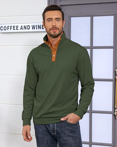 Lexiart Men's Casual Corduroy Sweatshirt Long Sleeve Thermal Stand Collar Button Pullover Sweatshirts2