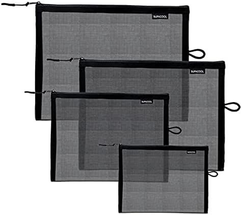 SUPACOOL Set of 4 Black Travel Mesh Cosmetic Makeup Organizer Bags with Zipper diaper bag organizing pouches Nylon toiletries Bag For Women and Men 4pcs (S/M/L/XL) (Black（4pcs）)