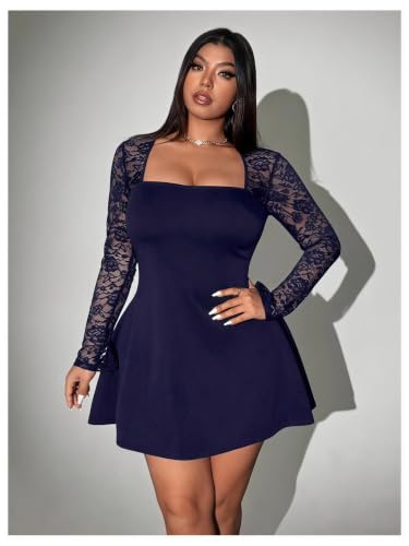 Image of Floerns Women's Plus Size Lace Sheer Long Sleeve Square Neck Mini Dresses