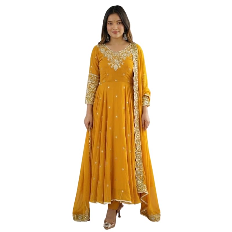 Women Designer Anarkali Suit Set with Dupatta Heavy Embroidery Moti Work Faux Fabric Festive Wedding 3 Piece Set-image-21