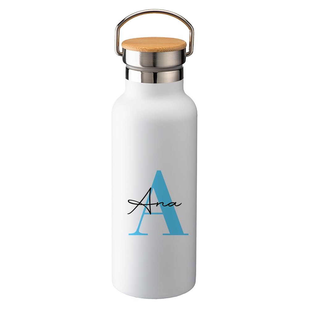 Genérico Botella térmica personalizada inicial y nombre 500 ml bambú, acero inox
