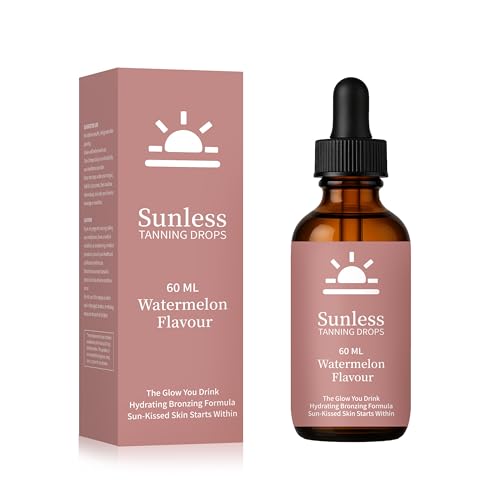 Sunless Tanning Drops to Drink – Oral Drinkable Self Tanner for Face &amp; Body, Natural-Looking Glow, Add to Water or Juice, Watermelon Flavor, Hydrating &amp; Vegan