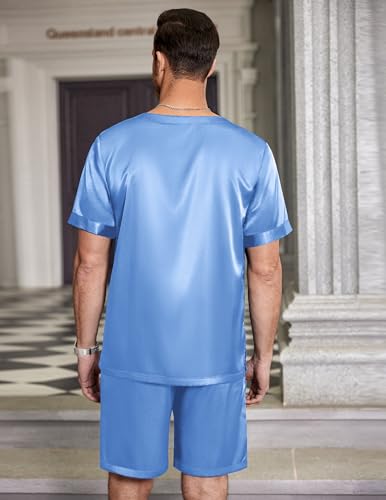 Image of Ekouaer Mens Pajamas Set Silk Satin Pjs Sets Summer Short Sleeve Button Down Sleepwear 2 Piece Loungewear with Pockets