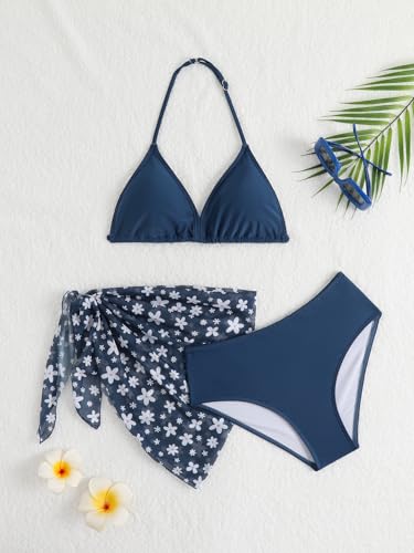 Image of SEGT Girl's 3 Piece Striped Bikini Swimwear Cute Swimsuits Bathing Suit High Waisted with Cover Up Beach Skirt