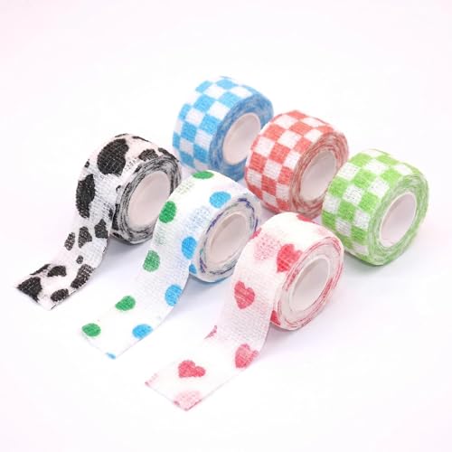 Image of 6 Pack Colorful Finger Tape, 4.5m Self-Adhesive Cohesive Bandage – Patterned Sports Tape for Fingers, Wrists, Toes – Breathable, Stretchable & Reusable for Crafts, Sports, Daily Protection