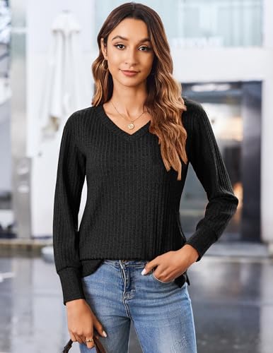Image of Zeagoo Long Sleeve Shirts for Women V Neck Casual Sweaters Basic Knit 2025 Fall Fashion Pullover Tops