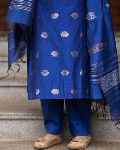 Image of Women's Cotton Silk Kurta Set with Dupatta | Embroidered Straight Kurti with Matching Pants | Traditional Ethnic Wear Suit for Festive, Casual & Office Wear