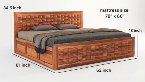 Image of Diamond Solid Sheesham Wood Queen Size Bed with Storage & Bedside|Wooden Box Queen Size Double Cot Bed with Storage Box+2 Side Tables for Home, Bedroom,Living Room,Hotel|Honey Finish