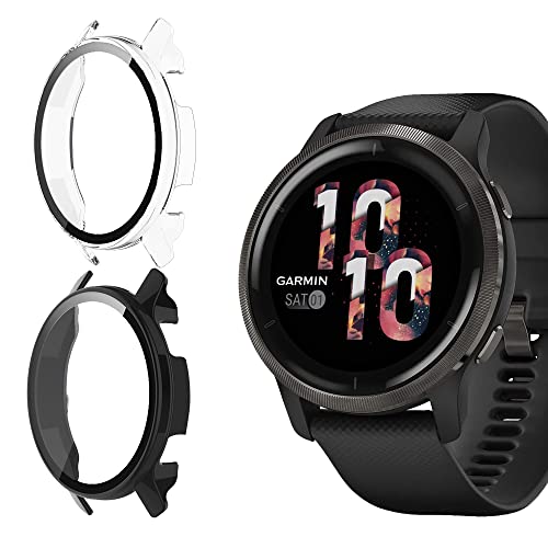 2 Pezzi Custodia Compatibile con Garmin Venu 2 con Vetro Temperato Protezione Completa 9H HD Anti-Graffio PC Cover Case per Venu 2 Trasparente+Nero