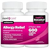 NUVICARE Allergy Relief Tablets - Diphenhydramine 25mg Antihistamine Tablets for Runny Nose, Sneezing, Itchy Eyes & Throat - Compare to Benadrl Allergy Meds - OTC Adult Allergy Medicine (2 Pack)