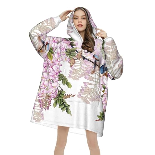Manta lila con pájaros, manta con capucha, cómoda, para hombres, mujeres y adolescentes, Multicolor, 320g