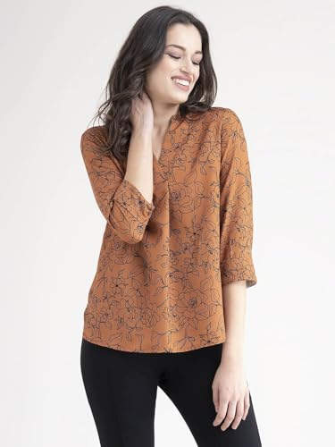 Image of FableStreet Women Shirt Work & Casual | Relaxed Fit Mandarin V-Neck Three-Quarter Sleeves Solid Pattern | Breathable Woven Fabric for Office & Everyday Wear