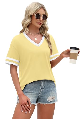 Image of WIHOLL Womens T Shirts Loose Fit Short Sleeve Tees V Neck Color Block Summer Tops 2026 Fashion S-4XL