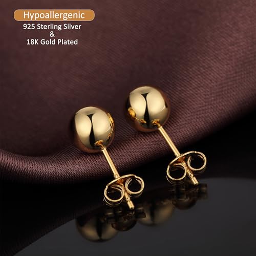 18K Gold Plated Sterling Silver Ball Stud Earrings for Women Men, Round High Polished Balls Studs Hypoallergenic, Butterfly Back (4mm/ 5mm/ 6mm/ 7mm/ 8mm)3