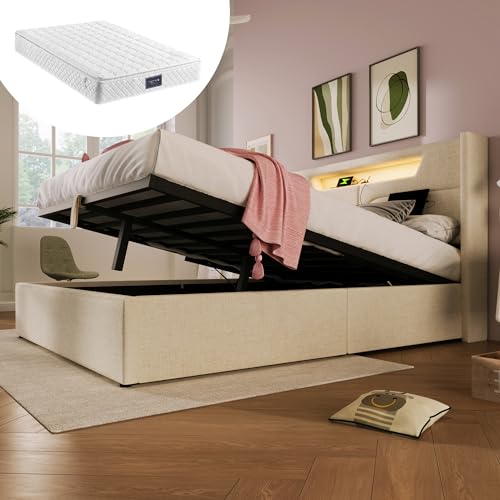 Arhatreya Cama tapizada de 160 x 200 cm, cama doble con función de carga USB tipo C, cama de almacenamiento con LED, cama juvenil con somier de láminas, cama para adolescentes y adultos (con colchón),