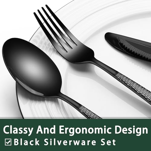 Image of EWFEN 24-Piece Black Silverware Set with Steak Knives, Black Flatware Set for 4, Food-Grade Stainless Steel Tableware Cutlery Set, Mirror Finished Utensil Sets for Home Restaurant, Round Hammered