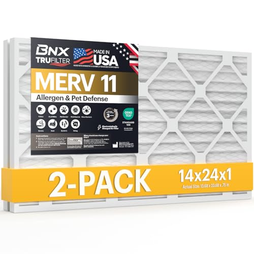 Image of BNX TruFilter 14x24x1 Air Filter MERV 11 (2-Pack) - MADE IN USA - Allergen Defense Electrostatic Pleated Air Conditioner HVAC AC Furnace Filters for Allergies, Pet, Smoke, Allergy MPR 1200 FPR 7