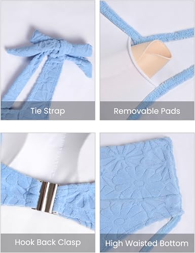 Image of Blooming Jelly Womens High Waisted Bikini Set Tie Straps Jacquard Swimsuit