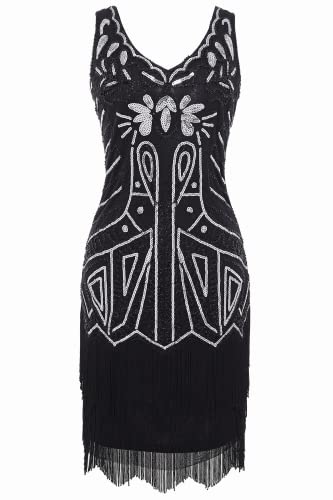Image of BABEYOND Women's Flapper Dresses 1920s V Neck Beaded Fringed Great Gatsby Dress