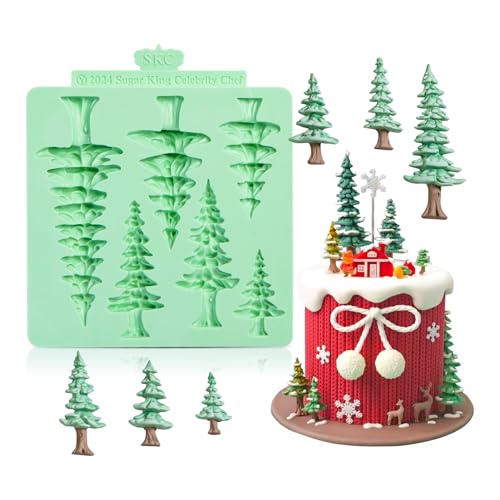 Christmas Silicone Molds Tree Cake Decorations Mold Christmas Tree Fondant Molds Sets For Cupcake Topper Decorating Tools Chocolate Candy Gum Paste Polymer Clay Resin-6 Cavity