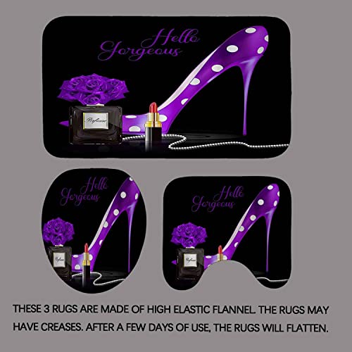 Dia Magico 4Pcs White Polka Dot High Heels Shower Curtain Set, Hello Gorgeous Purple Rose Flower Perfume Lipstick Makeup Cosmetic Modern Fashion Bathroom Decor, Black Shower Curtain, Non-Slip Bath Mat #TOP3