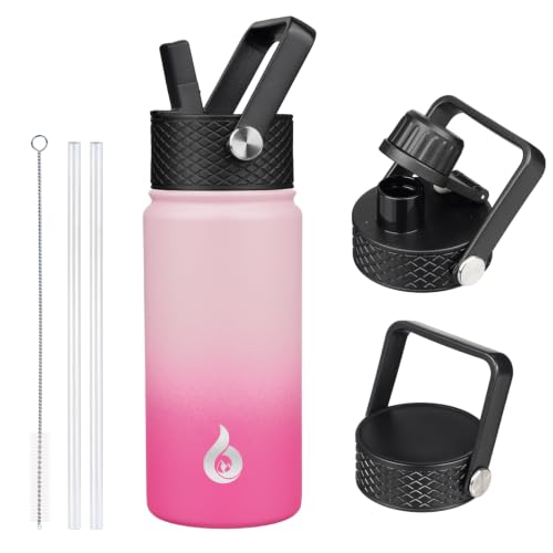 Image of BJPKPK Insulated Water Bottles with Straw Lid, 18oz Stainless Steel Metal Water Bottle, Cold Hot Thermo with 3 Lids, Leak Proof BPA Free Travel Cup, Wide Mouth Flasks, Thermo -Cherry