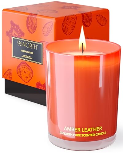 96NORTH | Pure Amber Leather Candle | 100% Natural Soy Wax | One Wick Jar Candle | Natural Fragrance Technology | Non Toxic | Up to 35 Hours Burning Time | Aromatherapy Gift for Men and Women