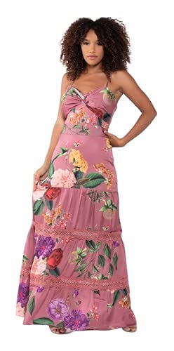 Vestido Rose Longo Estampado Flores Com Babados Festas Dia Bojo Madrinha Casamento (Rosa escuro, M)